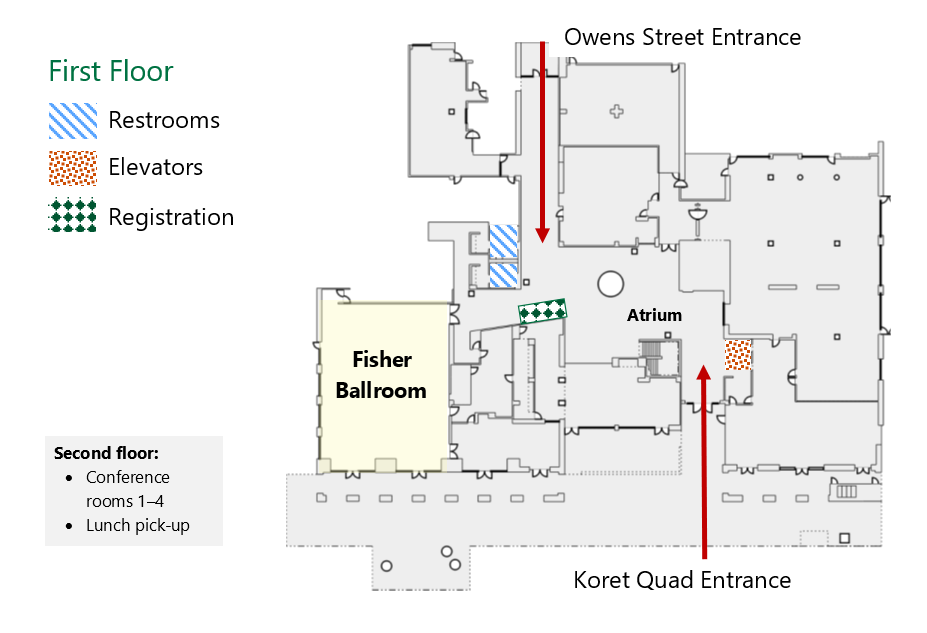 Floorplan of Mission Bay Conference Center, first floor areas of note for Education Showcase: Fisher Banquet Room located in the southeast corner along Bank of America Terrance and the Feeny Way. Registration will be located in the Fisher Atrium outside of Fisher Auditorium. Bathrooms are located in the atrium just northeast of the Fisher Banquet Room, and elevators on the east side of the atrium outside the fitness and recreation center. The Pub Lounge can be accessed from Bank of America Terrace or the atrium.